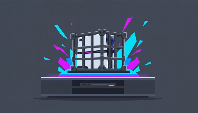 Illustration of gaming console secured inside steel enclosure on entertainment shelf